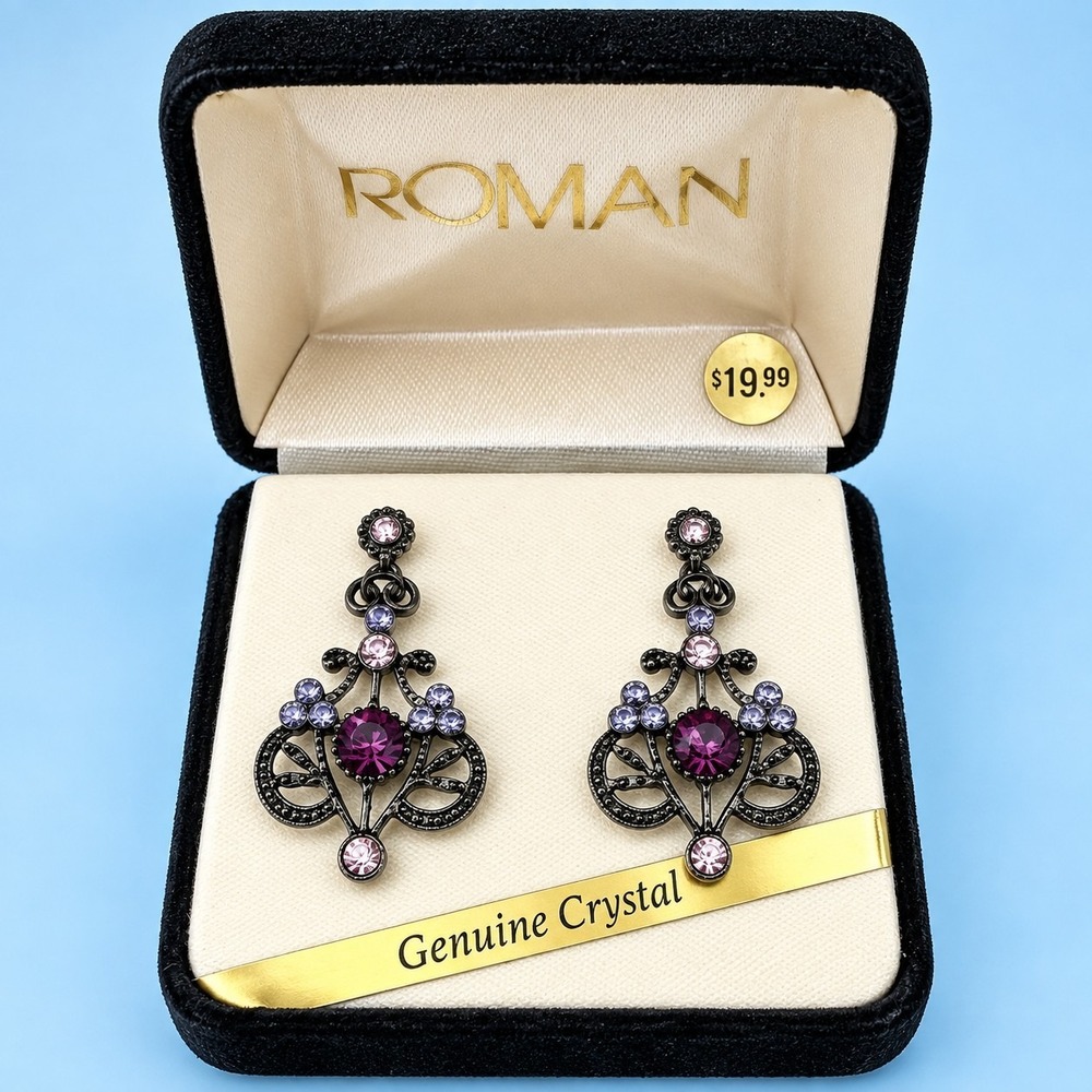 Vintage ROMAN Purple Genuine Crystal Dangle Earrings Original Box NOS -2899